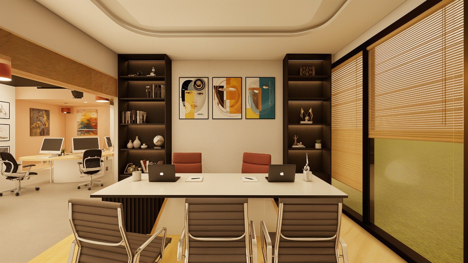 Director Cabin with Dark Joinery Shelving and Glass Partition — Deep Media