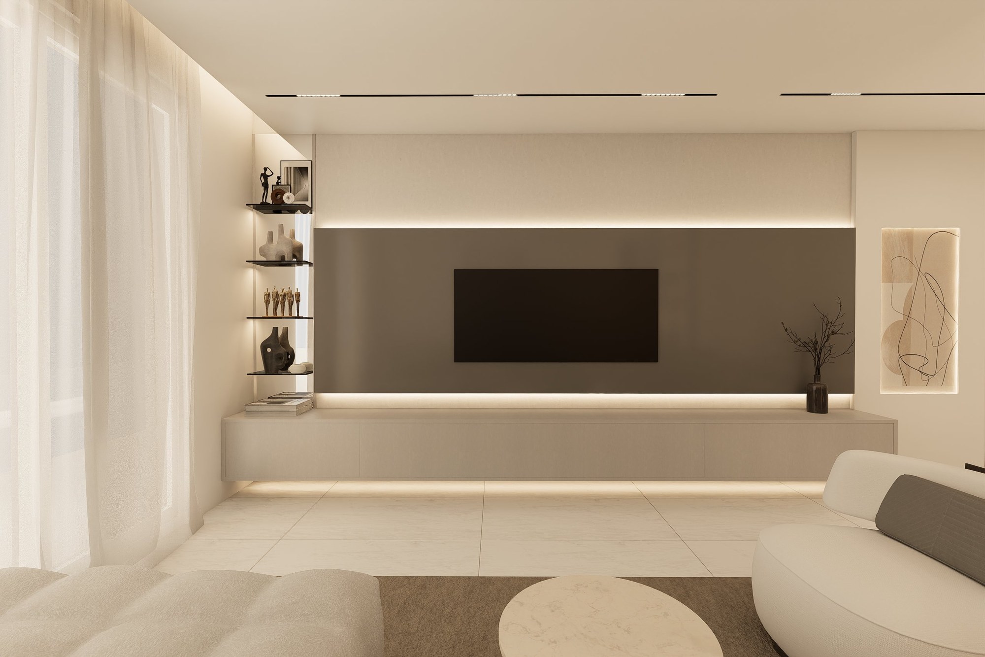 Living Room TV Wall with LED Backlit Panel and Floating Shelves — Residence Majan