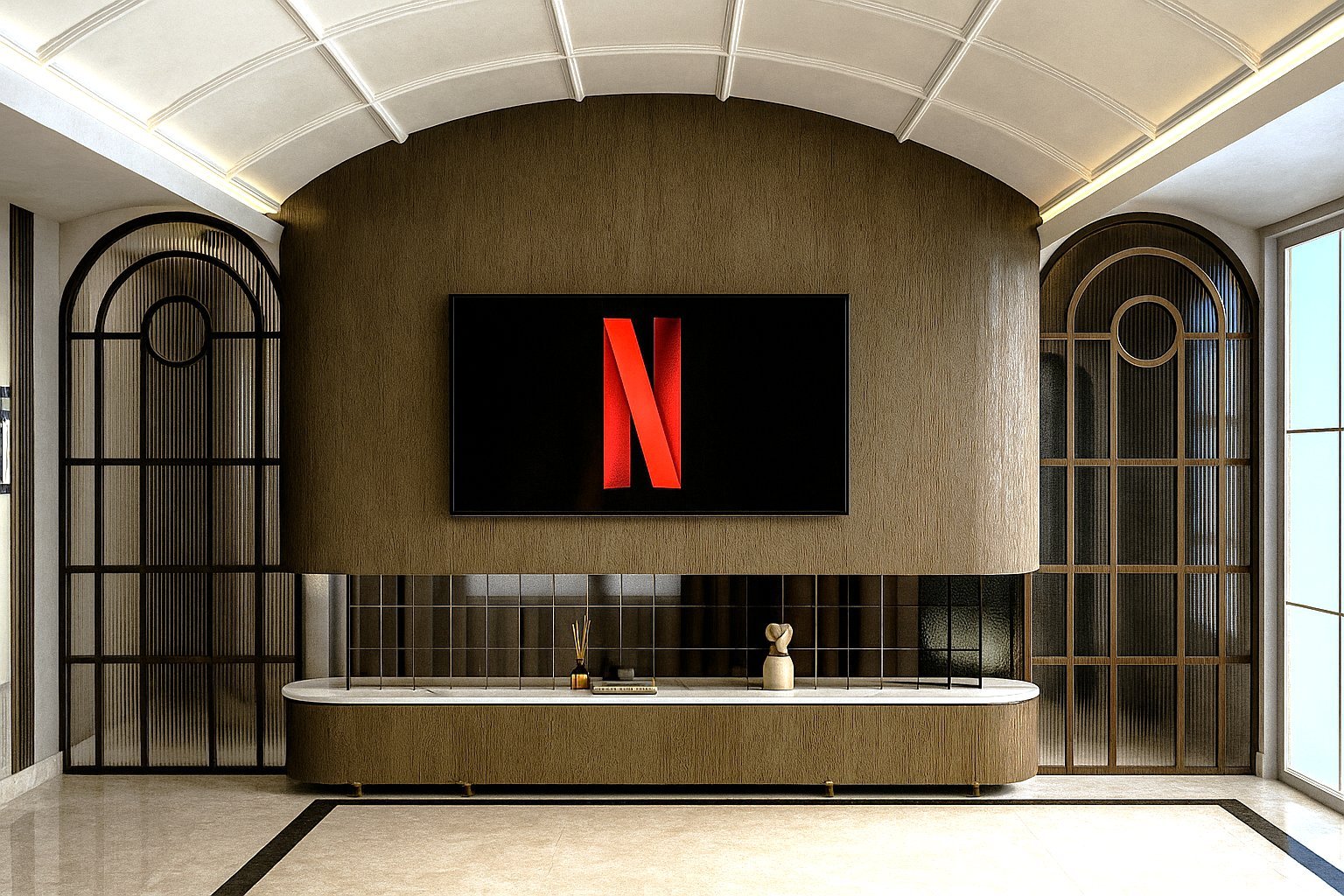 Entertainment Room with Arched Bronze TV Wall and Custom Joinery