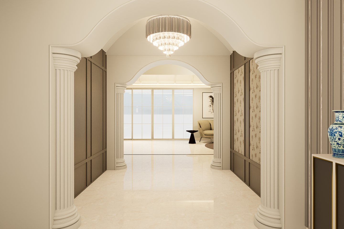 Grand Entry Foyer with Classical Columns and Crystal Chandelier